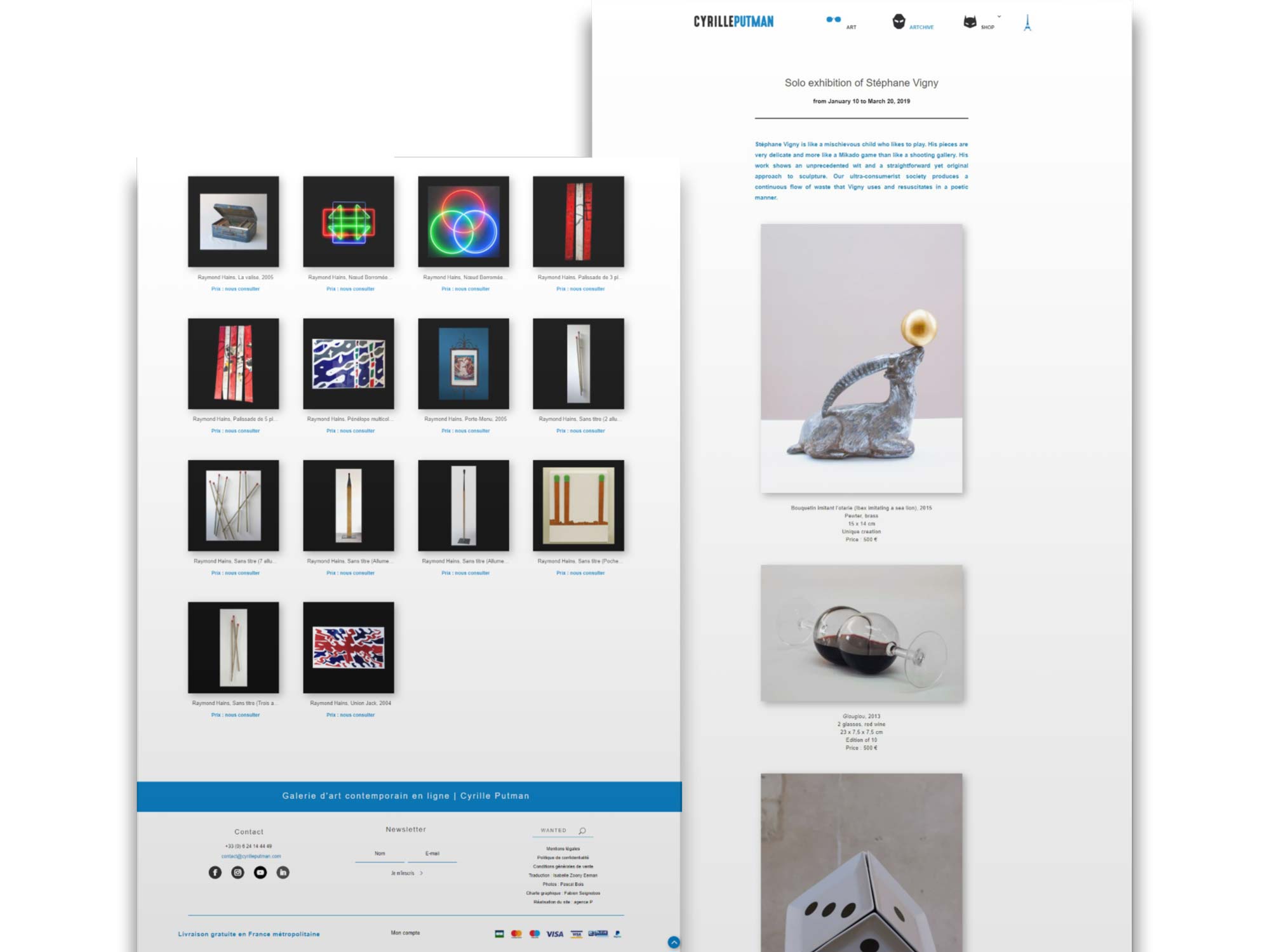 Captures d'écran d'un site web pour une galerie d'art contemporain.